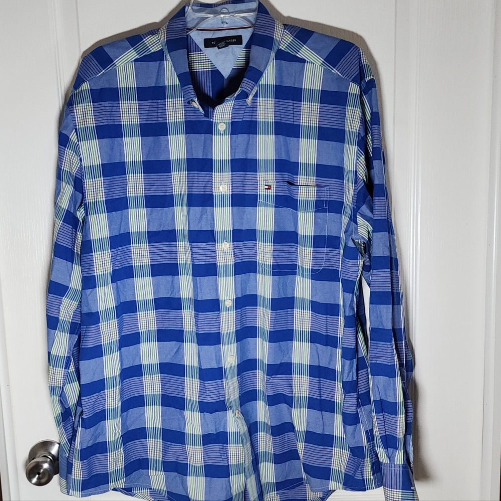 Mens Tommy Hilfiger Button Down Shirt Size XL Blue Plaid multi Color